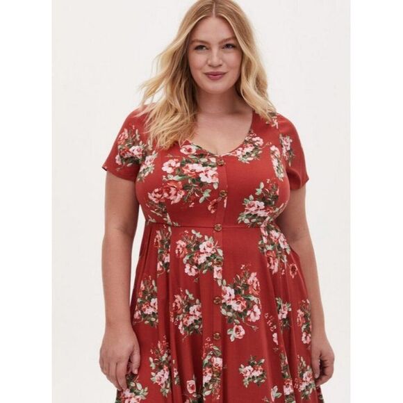 Torrid Mini Challis Button-Front Dress Terracotta Red Floral Rayon Size 3X - Picture 5 of 12